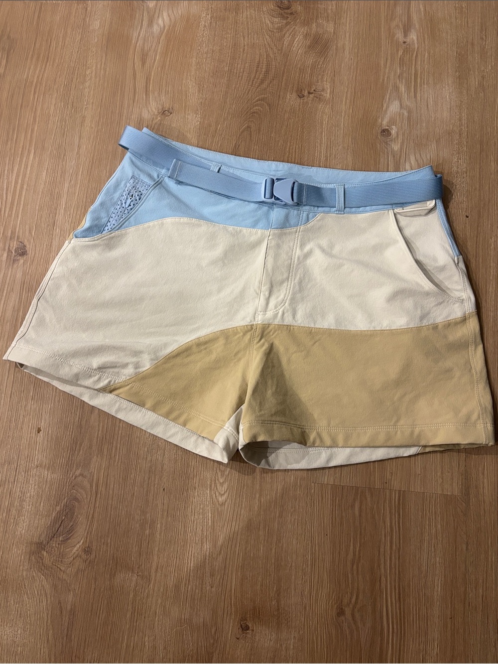 Outdoor Voices Colorblock Athletic Shorts in Light Blue, Cream & Tan